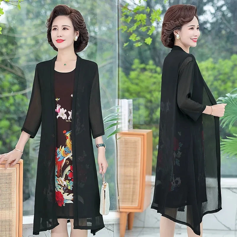 

Old People Mom Chiffon Outfit Dress Spring Summer And Clothing Mom Large Size Mid Length Version Fashion Two Piece Set Vestidos