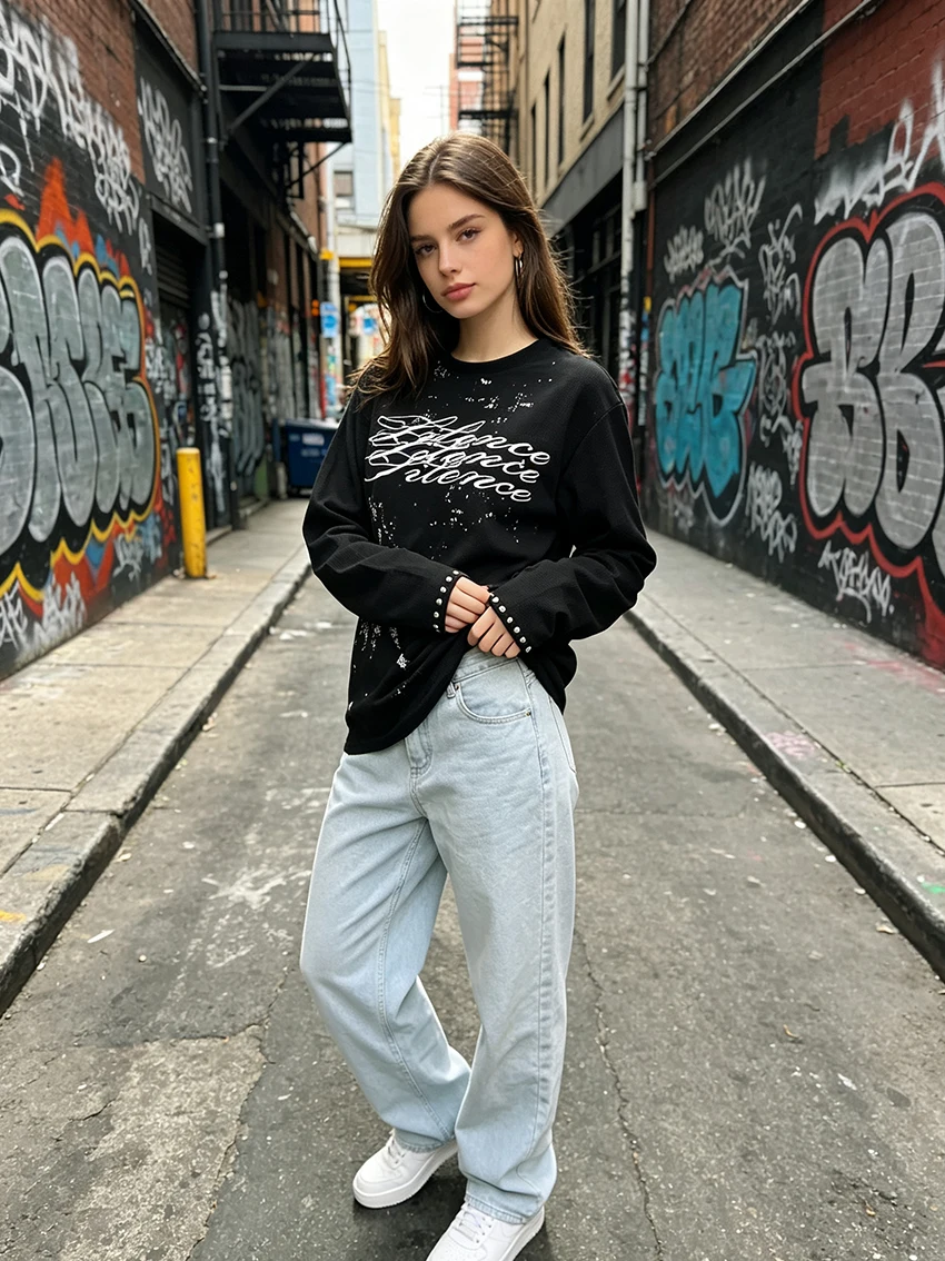 Trendy Gothic Women Long Sleeve Tee Black Waffle Fabric Letter Splash Print Cuff Rivet Ornament Round Neck Y2K Streetwear Shirts