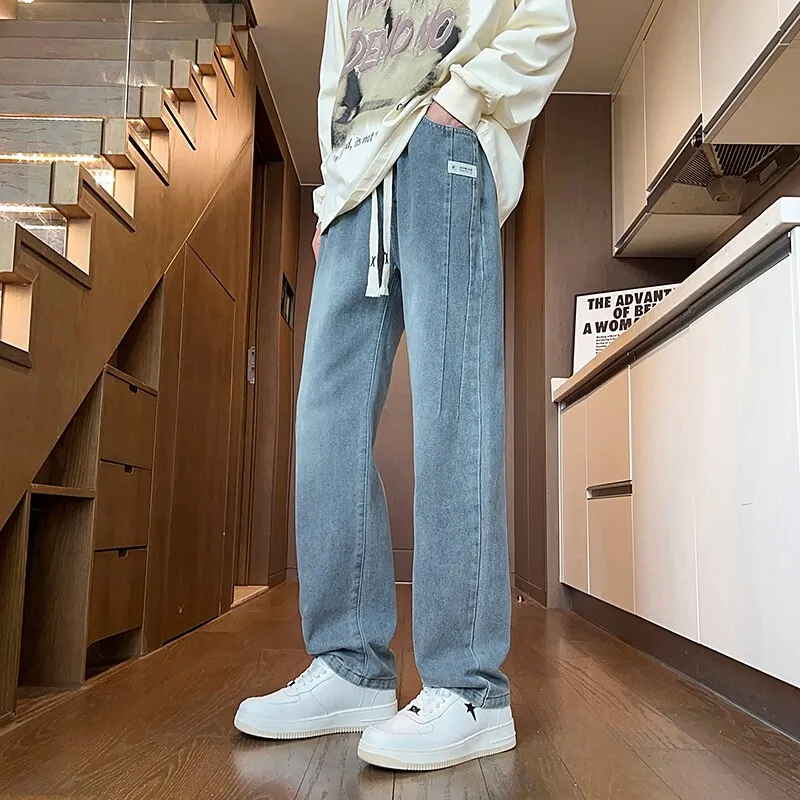 High Street Wear Casual Cotton Denim Pants 2025 Spring Autumn Loose Straight Leg Jeans Youth Drawstring Elastic Waist Trousers