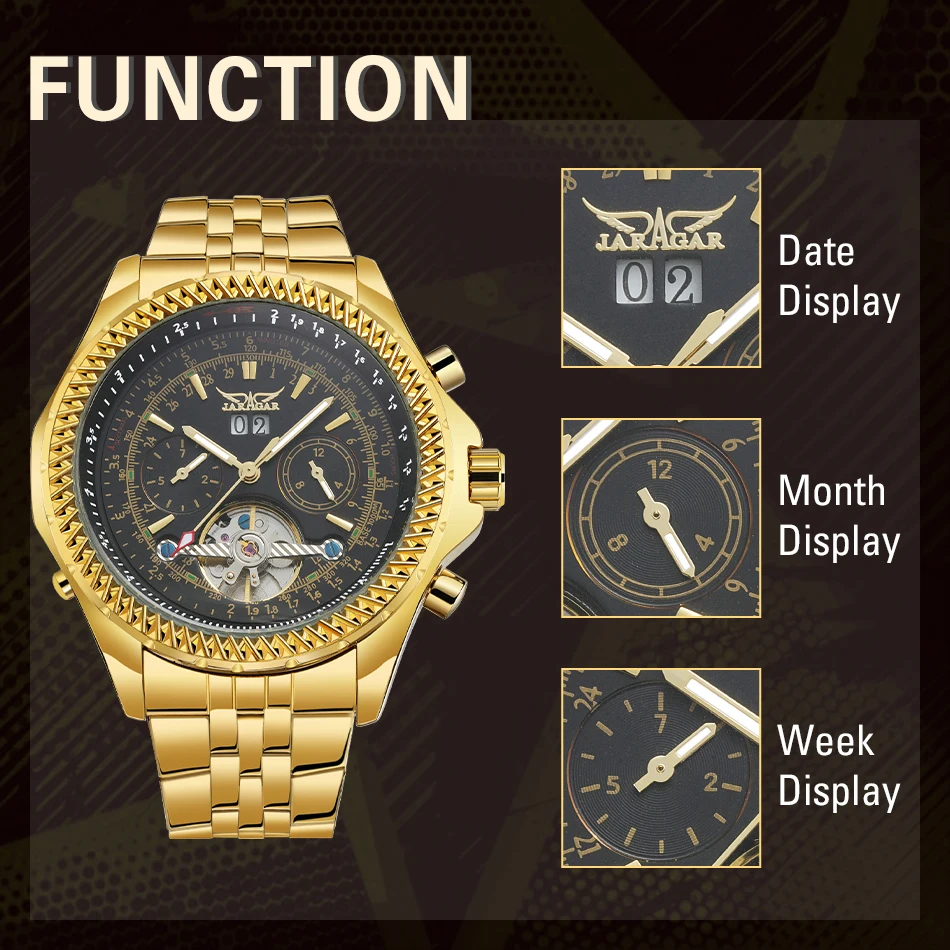 2024 Big Dial Gold Luxury Multifunctional Tourbillon Automatic Men Watch Mechanical Waterproof Stainless Steel Male Wrist Clock