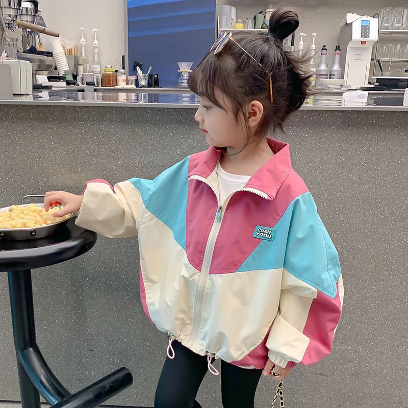 New Colorblocking Jackets Spring Girls Fashion Thin Coats Autumn Children Clothes Big Kids Casual Zipper Outerwear 2-10 Years