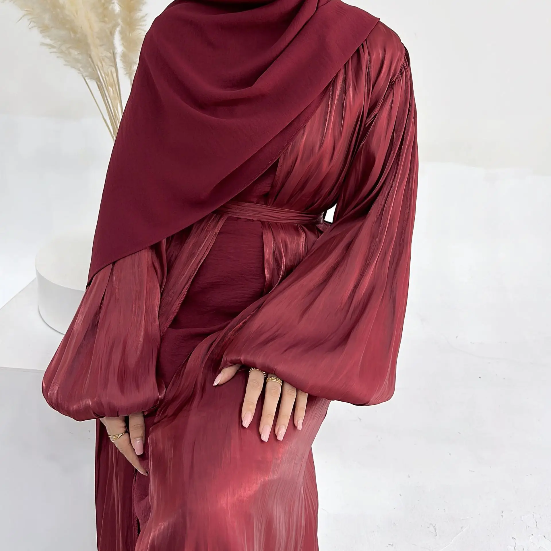 Shiny Satin Abaya for Women Muslim Modest Dress Dubai Turkey Kaftan Eid Ramadan Jalabiya Djellaba Silk Kimono Cardigan Robe Gown