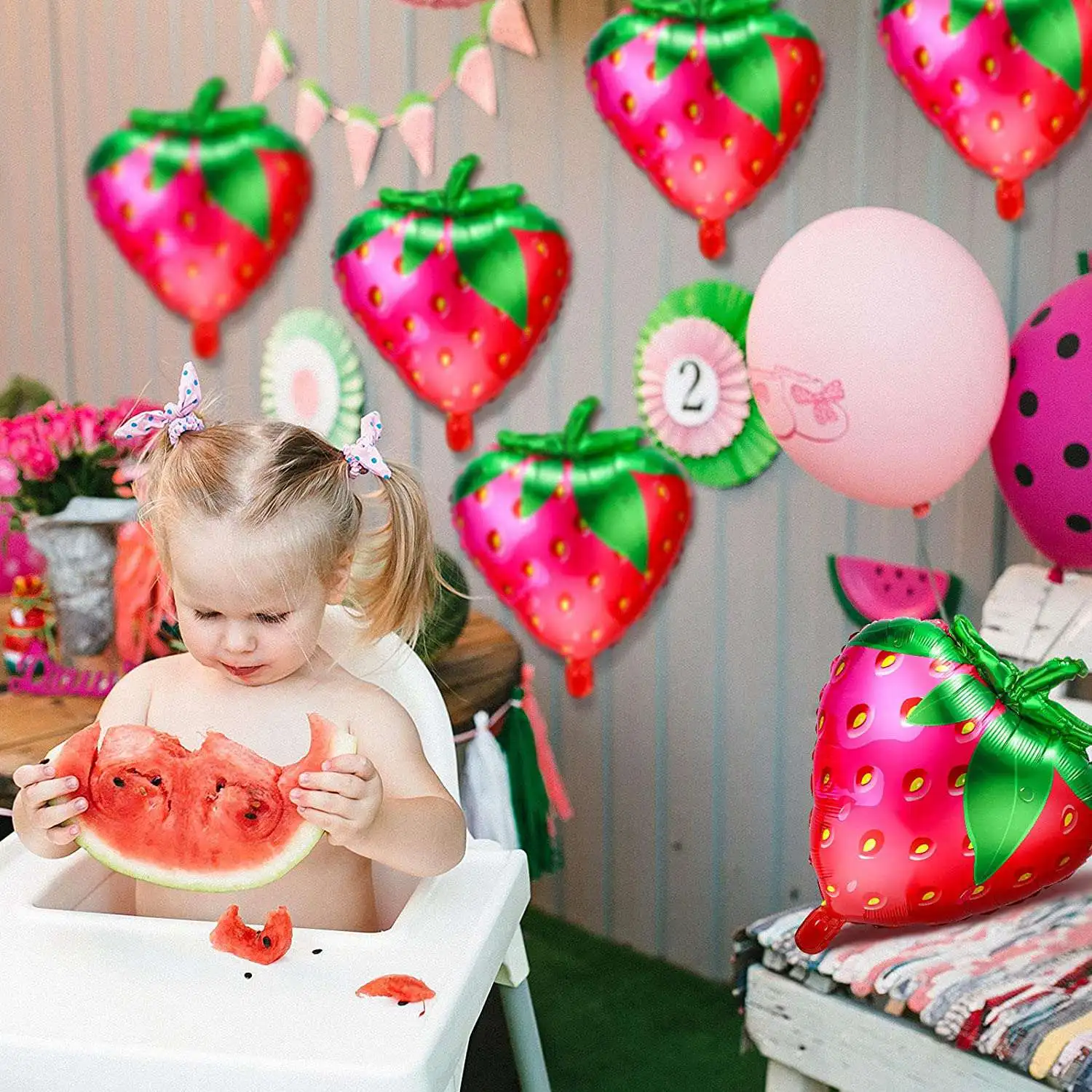 Globos de papel de aluminio de fresa dulce para niñas, decoración de fiesta de cumpleaños con temática de fresa, 10 piezas