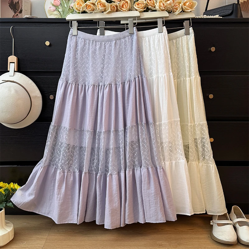 

Gagarich French Sweet Hollow Lace Splicing Half Body Skirt Women Summer 2025 High Waist A-line Folded Cake Skirts