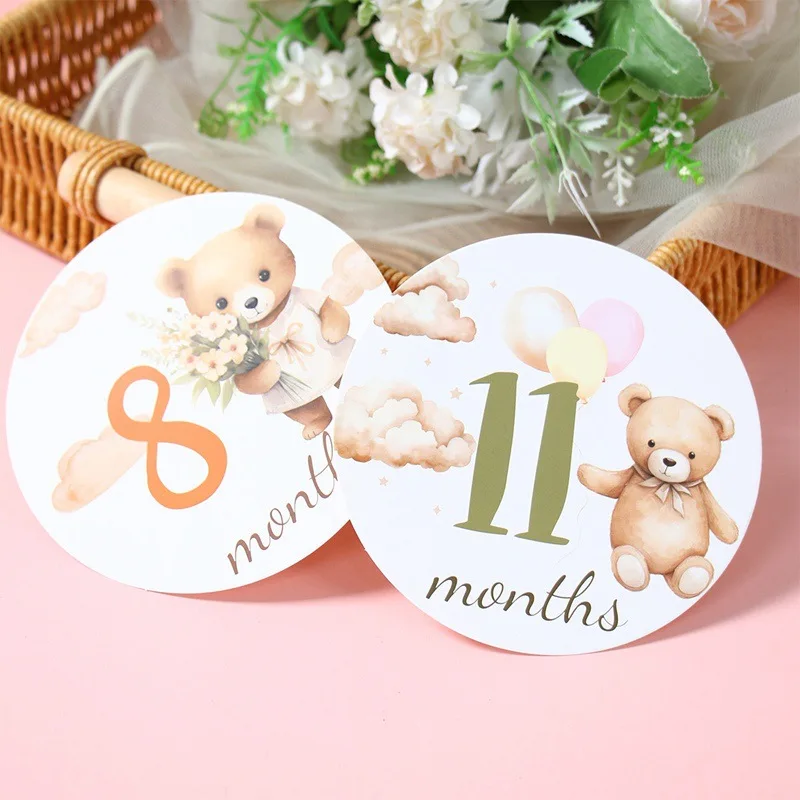 Cartoon Cardboard Milestone Set, Cute Bear, Elephant, and Cloud Balloon Themed Milestone Cards, 1-12 Month Photo Commemorative Props Round Cards, Single-Sided Design for Recording Growth - a Warm Gift, Photography Props