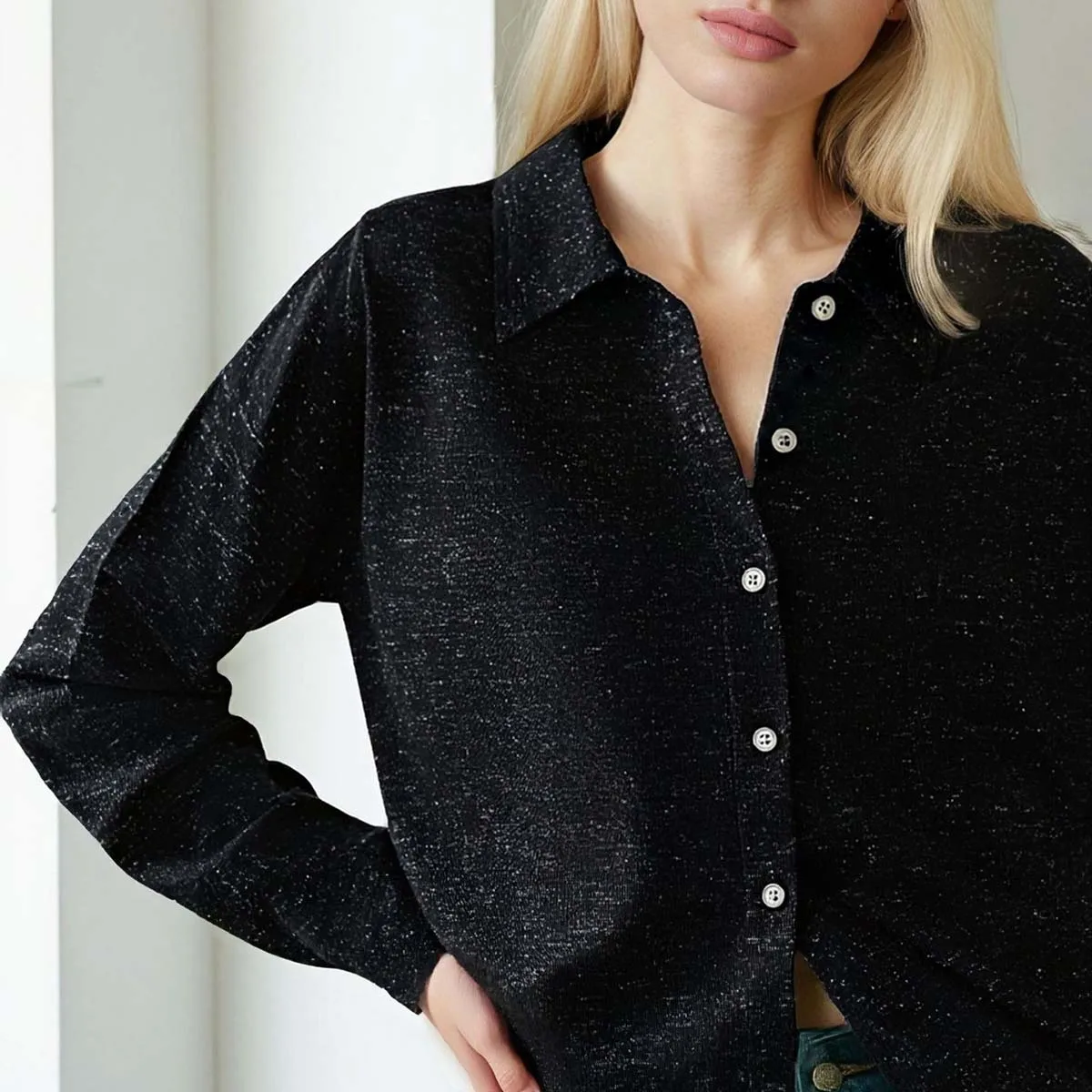 เสื้อคาร์ดิแกนโปโลถักสำหรับผู้หญิง เสื้อสเวตเตอร์ติดกระดุม ผ้าลินินผสมขนสัตว์ลายมาร์เลด