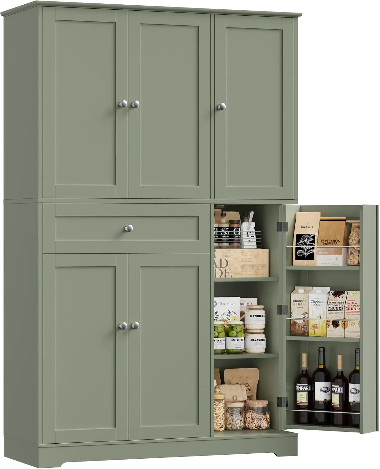 Kitchen Pantry Storage Cabinet Cupboard Organizer For Dining Room Living Room, Freestanding Multi Tier Utility Food Rack Tower With Doors Drawer And Side Spice Shelves, Modern Style, Green, 1 Piece