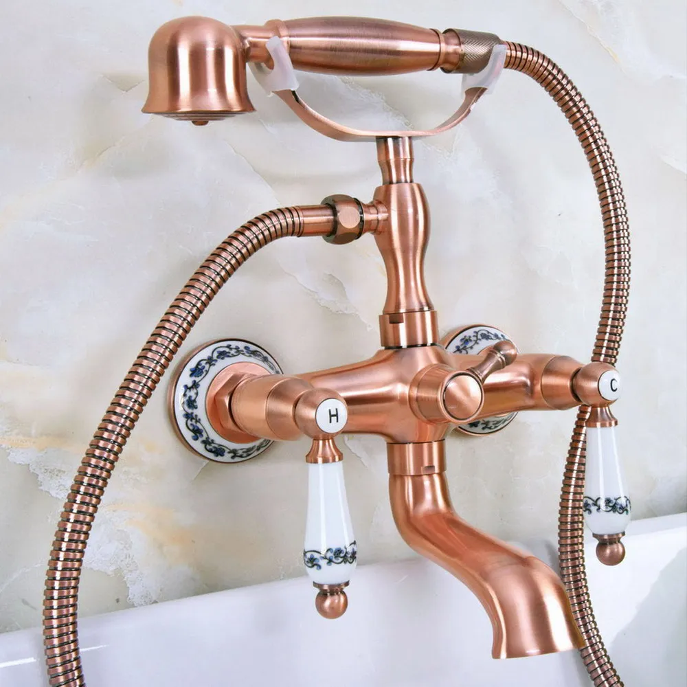 

Antique Red Copper Bathtub Faucet Wall Mounted Bathroom Bath Shower Faucet With Hand Shower Tub Mixer Tap Bna331