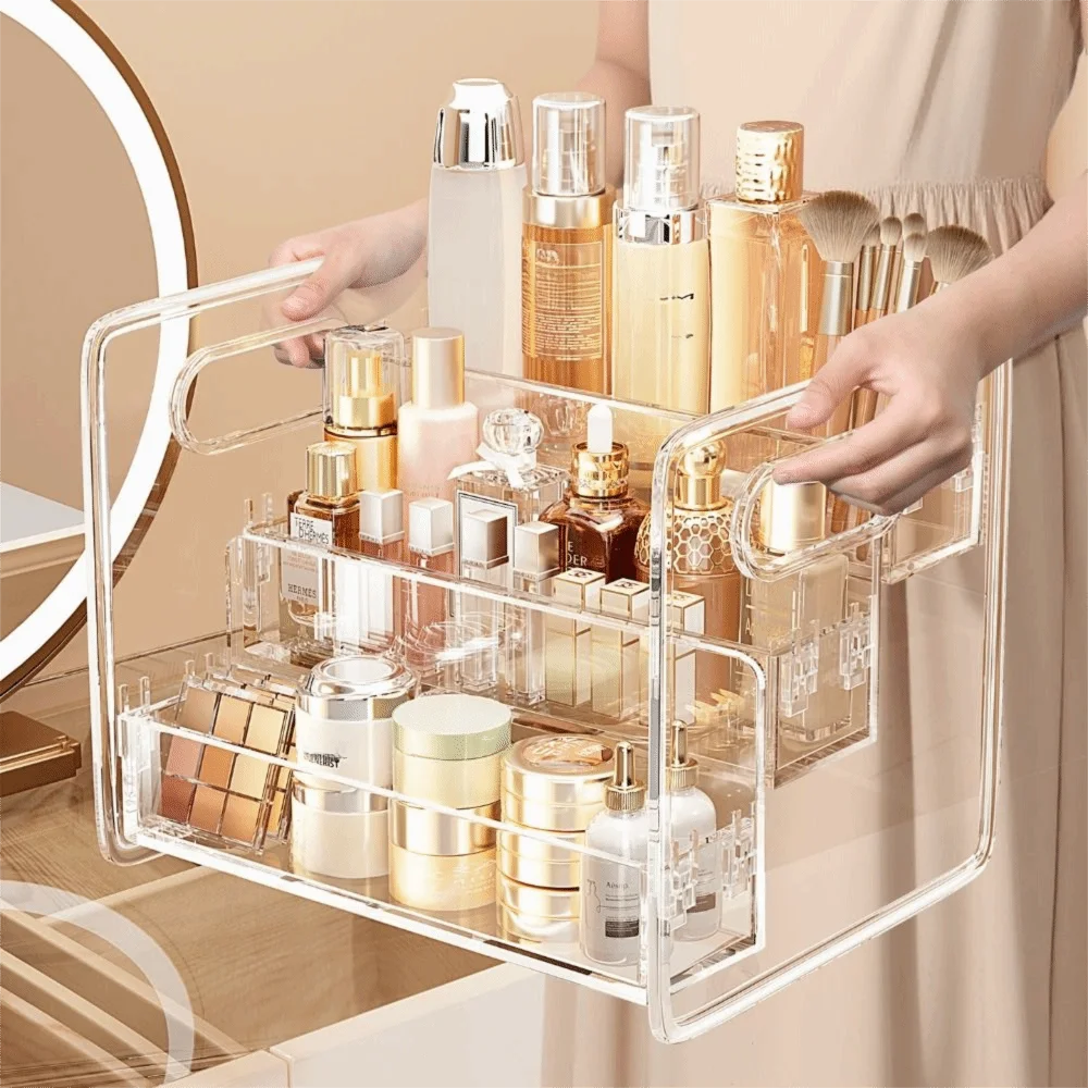 

Прозрачный косметический органайзер с тремя ярусами, портативный, с ручкой, большой емкости