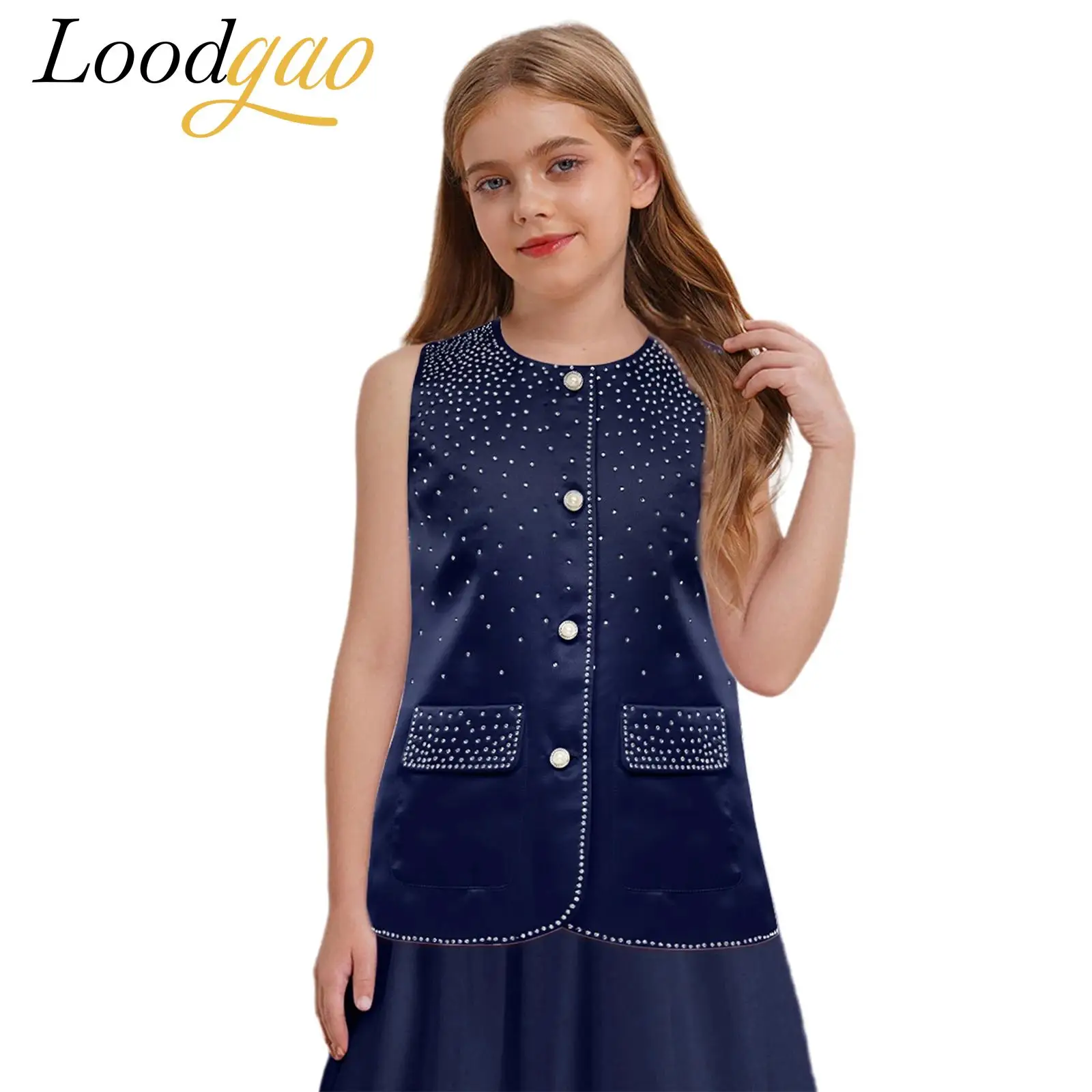

Girls Student Waistcoat Rhinestone Sleeveless Vests Outerwear Party Children Button Uniforms School Tops Kids Vest Dancewear