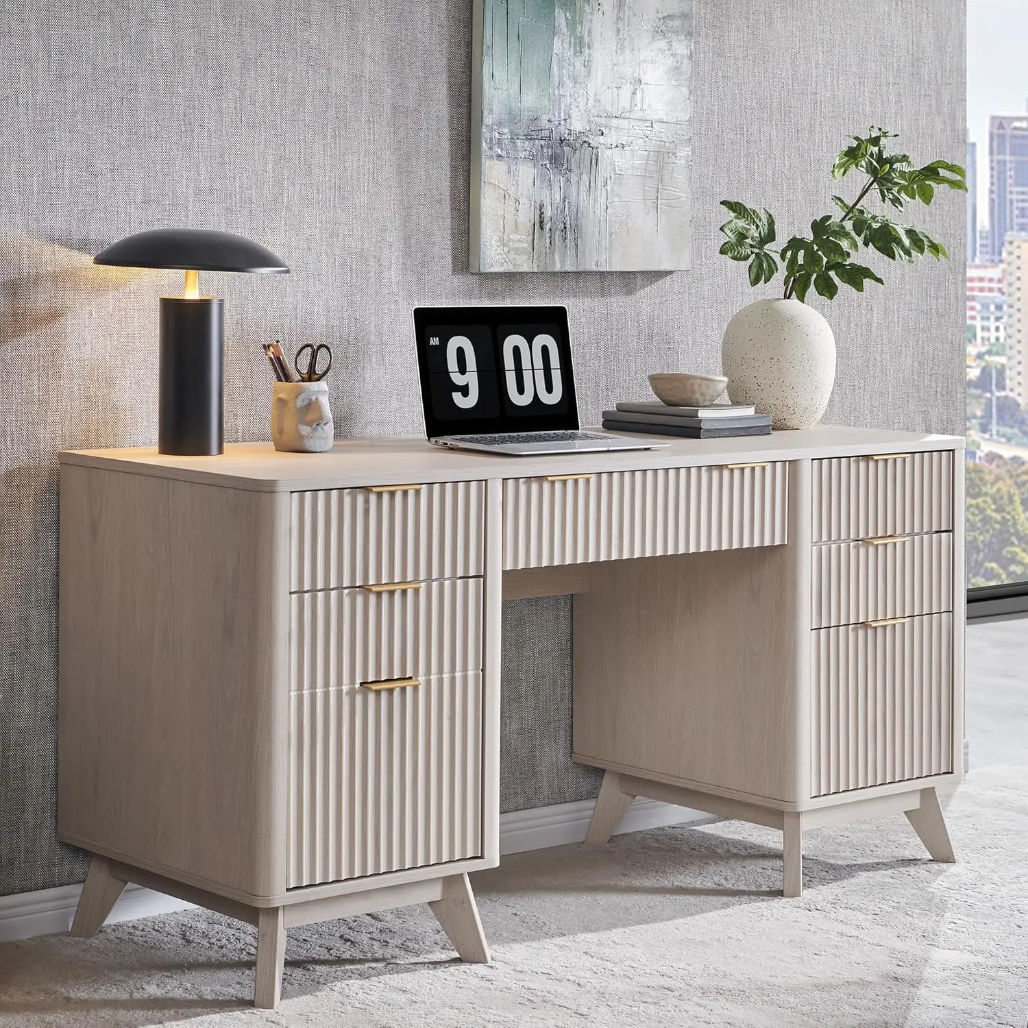 

Fluted Executive Desk with Drawers, 60" Modern Home Office Computer Desk with Charging Station, File Cabinet,, Customized