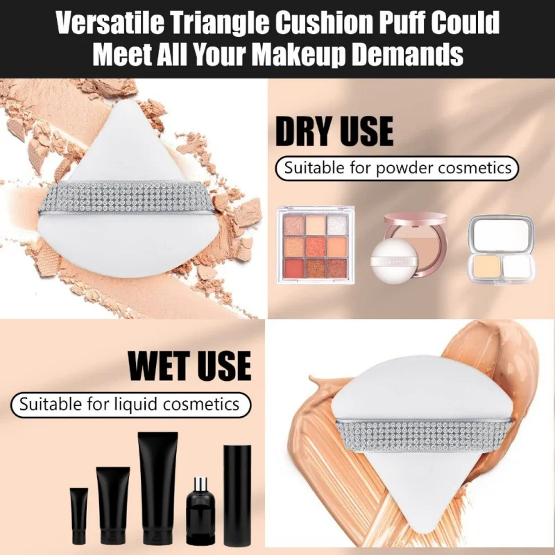 3 pçs diamante triângulo pó puff rosto macio ferramenta de maquiagem strass macio esponja de veludo maquiagem esponja cosméticos acessórios