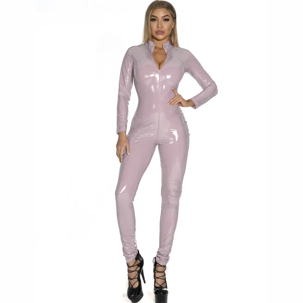 Sexy Hot Wet Look PVC Catsuit Glänzendes PU-Leder Langarm Zwei-Wege-Reißverschluss Offener Schritt Body Strumpfhosen Cosplay Verbunden 2024 Neu – Detail 3