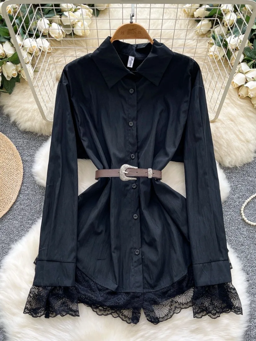 

Foamlina женские элегантные белые черные рубашки новые весенне-осенние повседневные рубашки с воротником с лацканами и длинными рукавами с кружевной отделкой и пуговицами с поясом