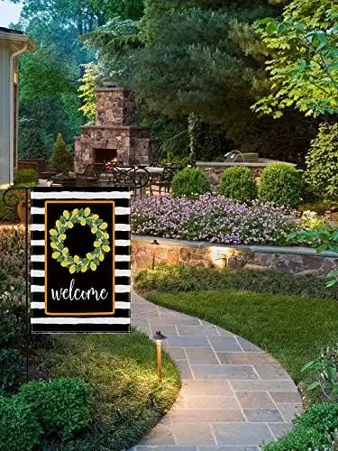 Spring Welcome Home Decorative Lemon Wreath Watercolor Stripes Garden Flag Vertical Double Sided 12.5 x 18 Inch Rustic Burla uui