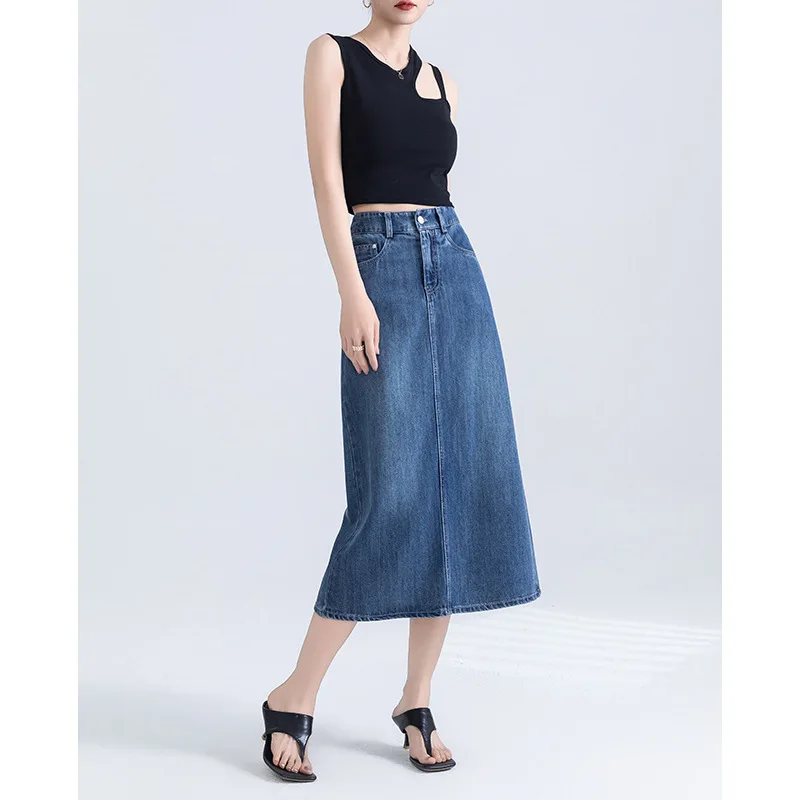 Gonna a metà corpo in denim di tendenza da strada Donna Primavera ed estate Nuovo temperamento Mezze gonne a trapezio casual a vita alta di media lunghezza