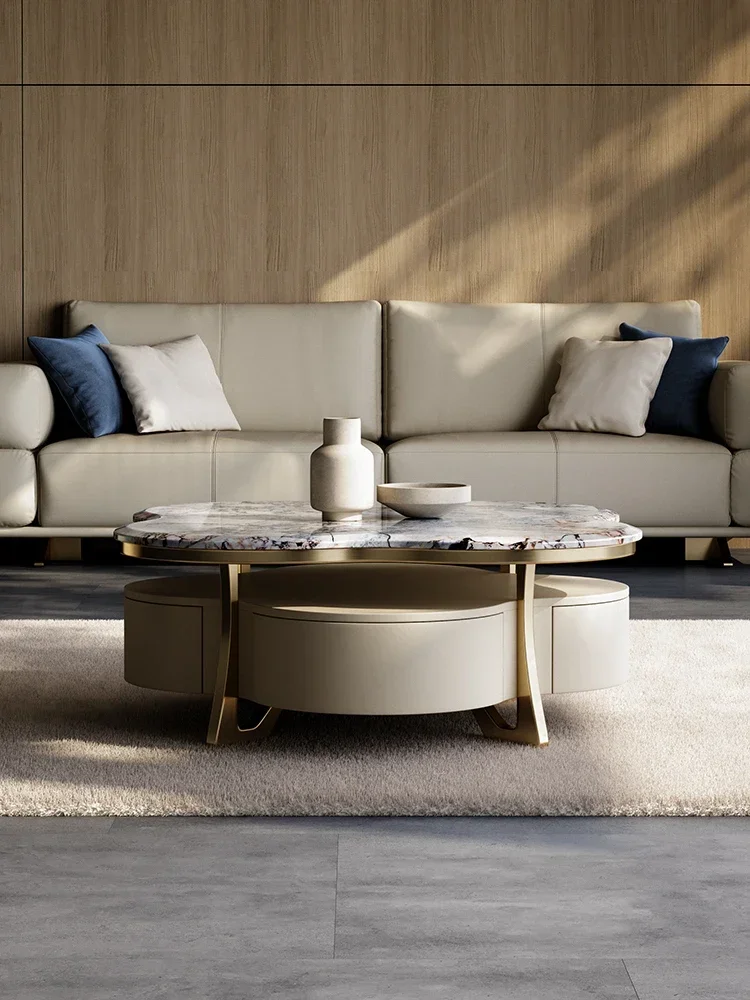

Marble Tea Table Italian Minimalist High-End Living Room Furniture Cary Ice Jade Luxury Stone round Coffee Table