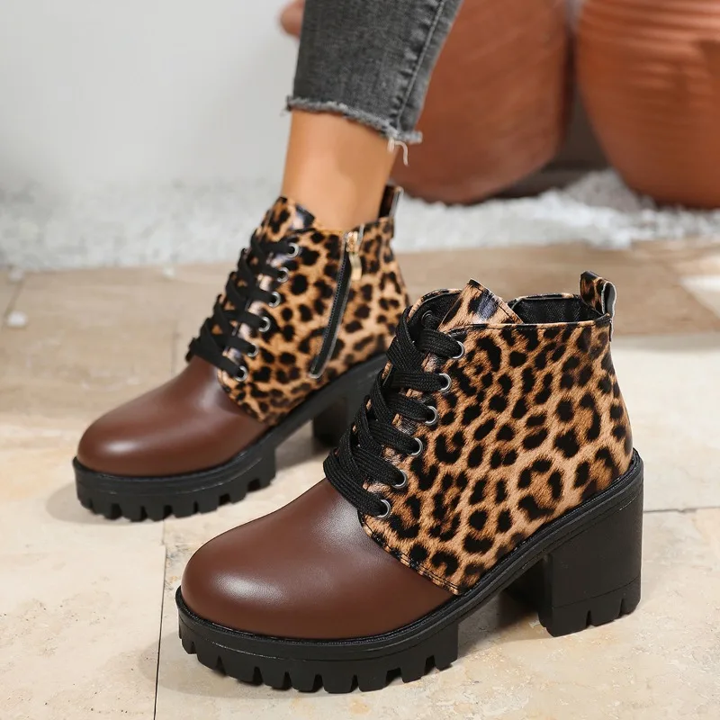Leopard Print Patchwork Ankle Boots 7.5cm Chunky Block Heel Lug Sole Lace Up Design Round Toe Street Style Women Short Booties