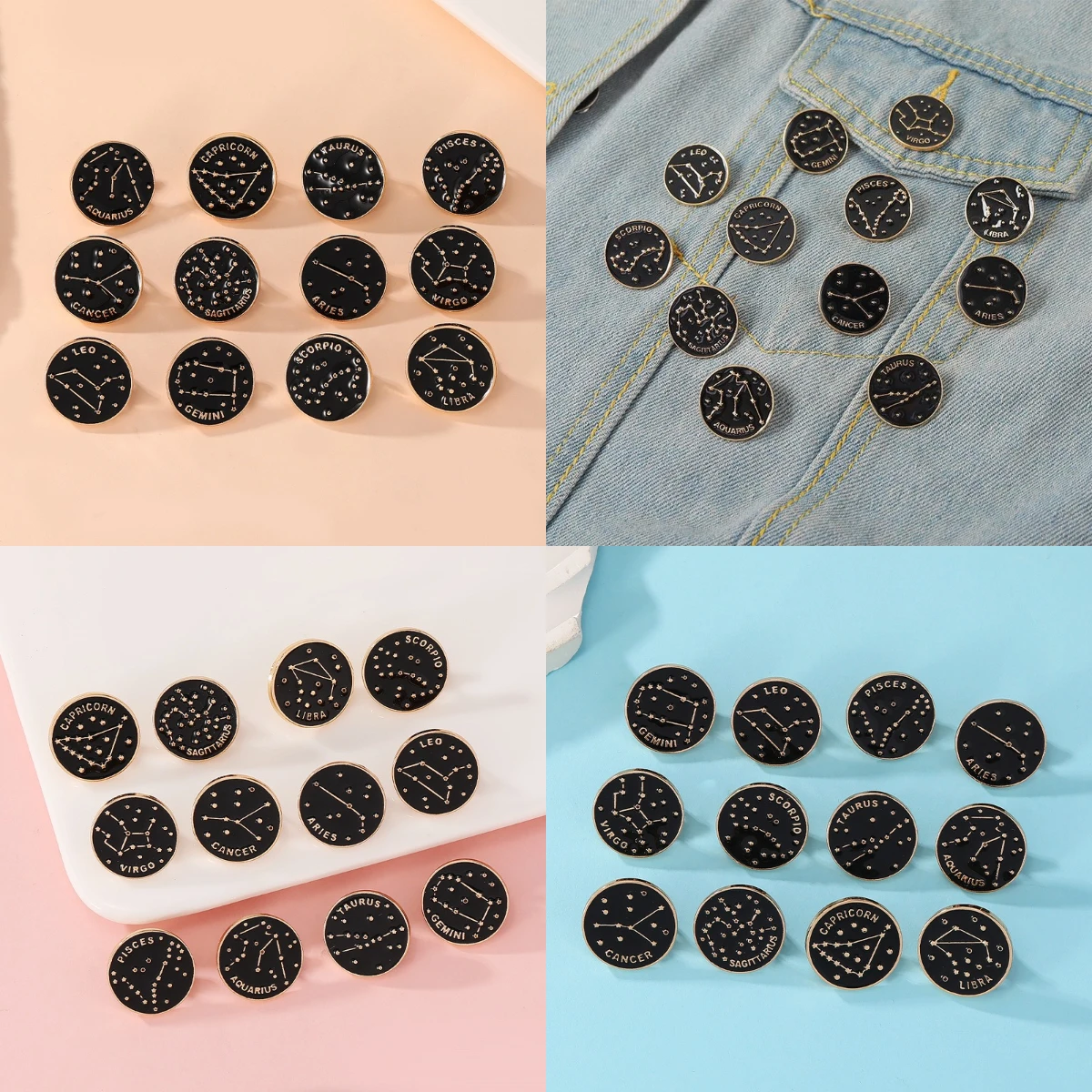 Cross border hot selling twelve zodiac alloy circular brooch creative design gold letter style baked paint badge