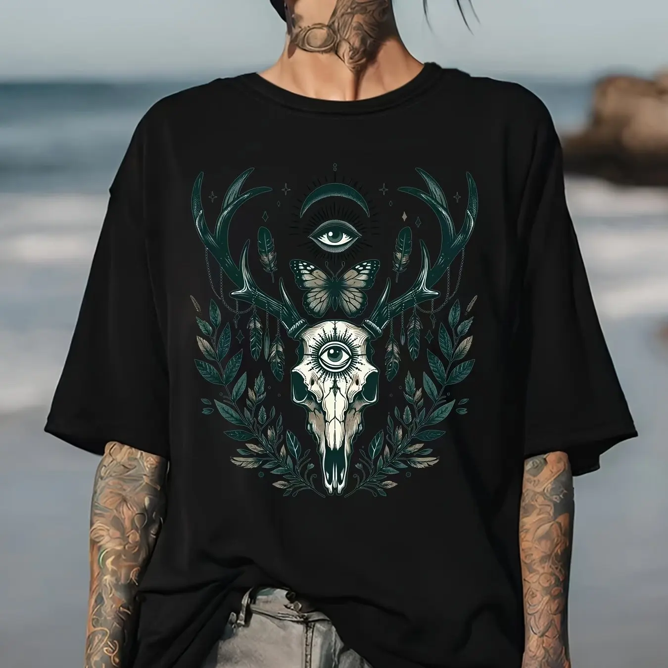 

Women's Plus Size Skull & Deer Eye Print T-Shirt - Casual Crew Neck Short Sleeve Stretchy Polyester BlendPerfect for Spring