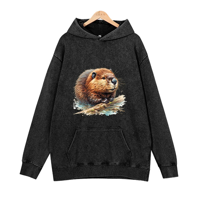 Wilderness animal simple high-end loose women's hooded sweatshirt multifunctional pure cotton fleece men's hooded sweatshirt