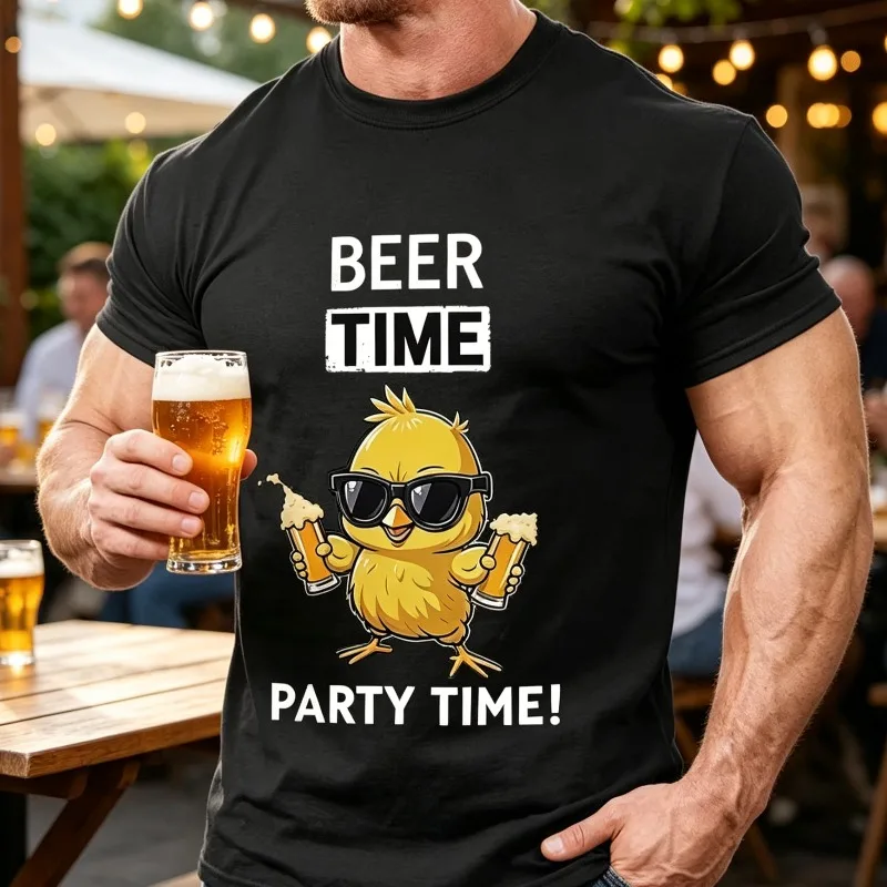 BEER TIME Men’s Cute Chick Beer Graphic T-Shirt Soft Modal Casual Tee for Beer Lover Party Streetwear Gift