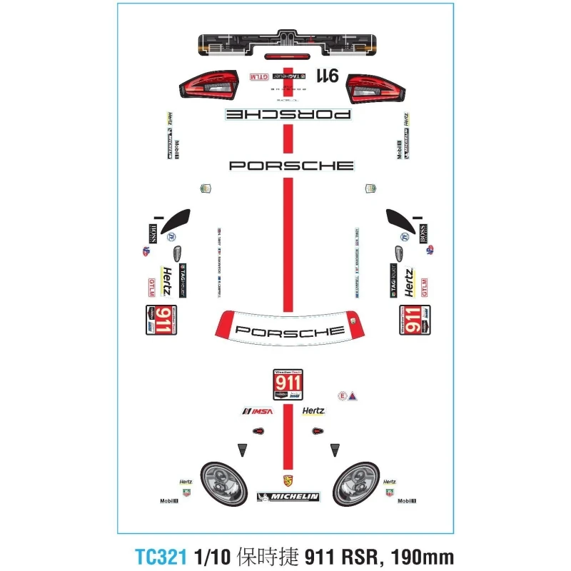 TC321 1/10 Porsch 911 RSR Clear Shell Body + Tail Wing/Lamp Cup/Color Decals for Rc Drift Car Toys Tamiya TT01/02 Kyosho Hsp