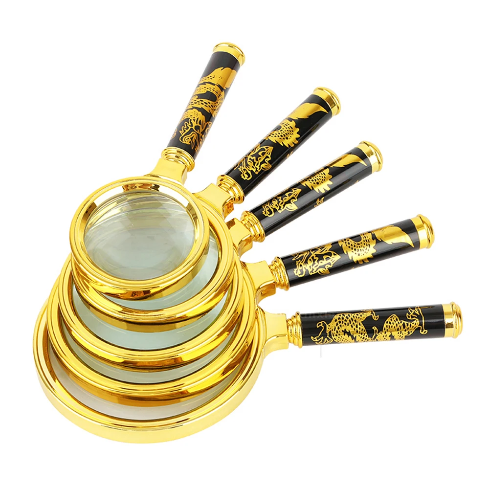 5X-10X Magnifying Glass Golden Dragon Handle Magnifier Mini Pocket Handheld Microscope Reading Jewelry Loupe Magnifiers