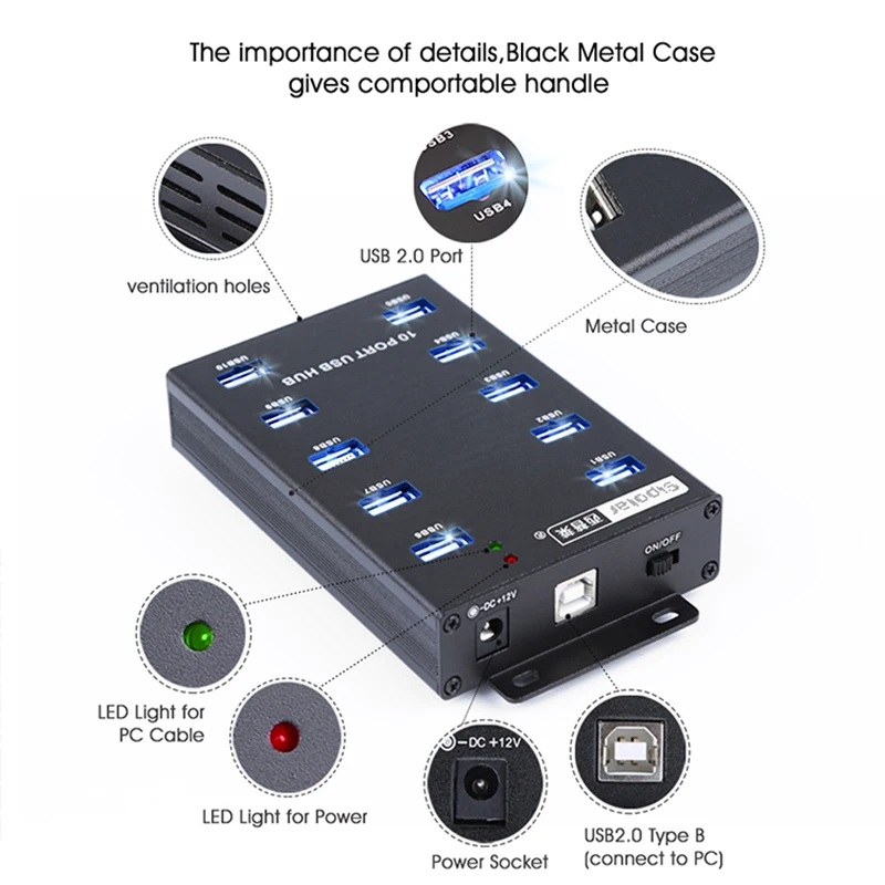 Good Sipolar Usb Desk Hub A-300 10 Port Usb 2.0 Hub for Data Ports Syncs with 12V 5A Power Adapter for Mobile Phone Pc