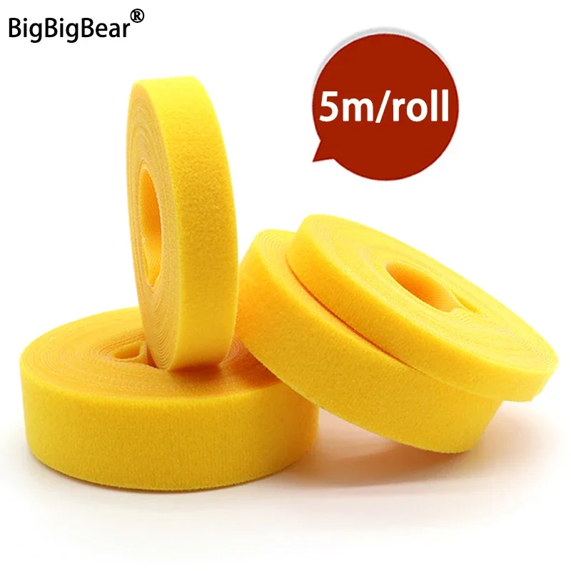 5m/roll Cable Ties Reusable Loop Bundle Self Adhesive Yellow Nylon Strap Organizer Clip Wire Holder Management Fastening Tape