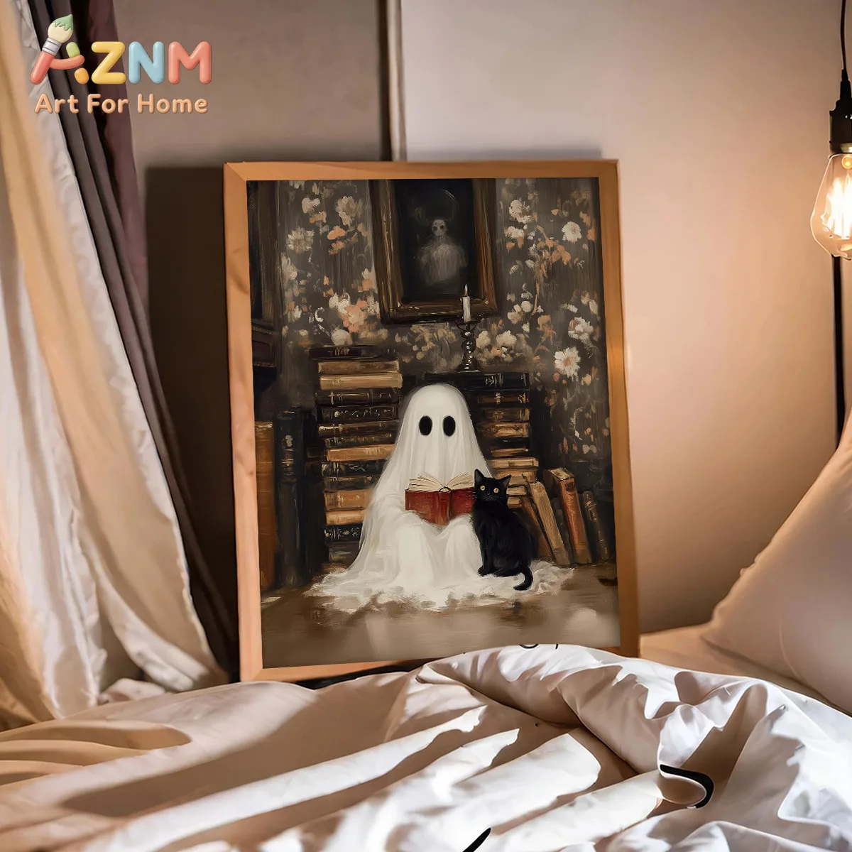 AZNM Cute Ghost Reading Book With Black Cat Vintage Library Canvas Wall Art, Spooky Halloween Frameless Canvas Print Poster for