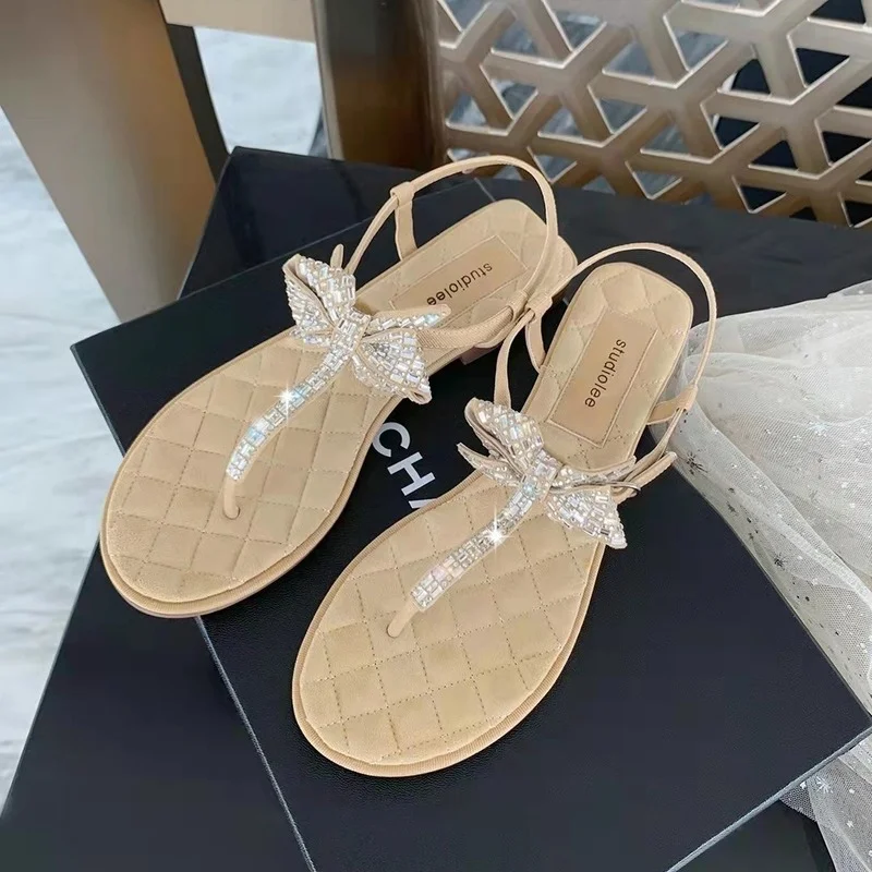 Comemore New Rhinestone Bow Thong Flat Sandals and Slippers Flip Flops for Summer Women Shoe 2023 Women\'s Luxury High Heel Shoes