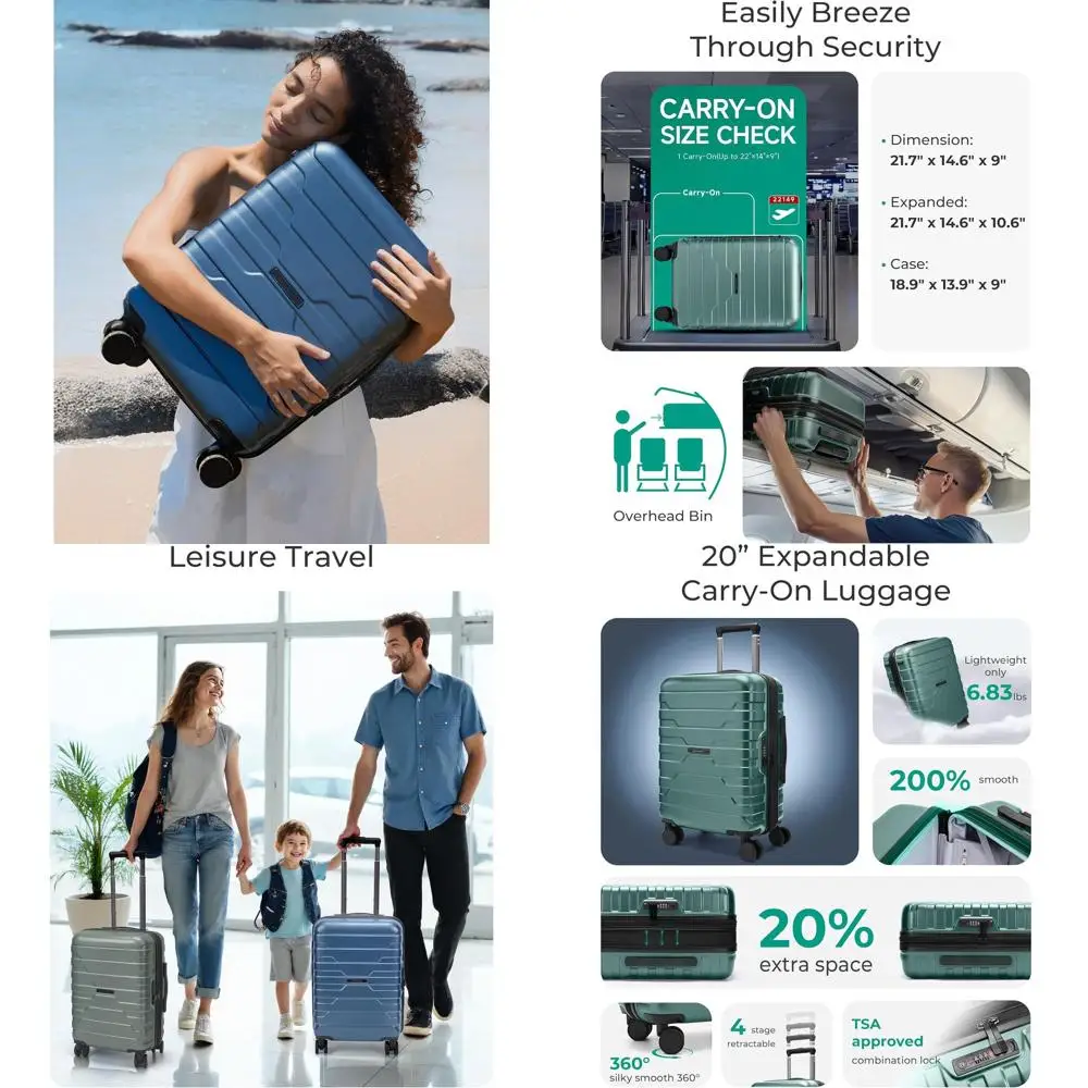 

20-дюймовый расширяемый чемодан-спиннер, одобренный TSA, легкий твердый корпус, сосново-зеленый