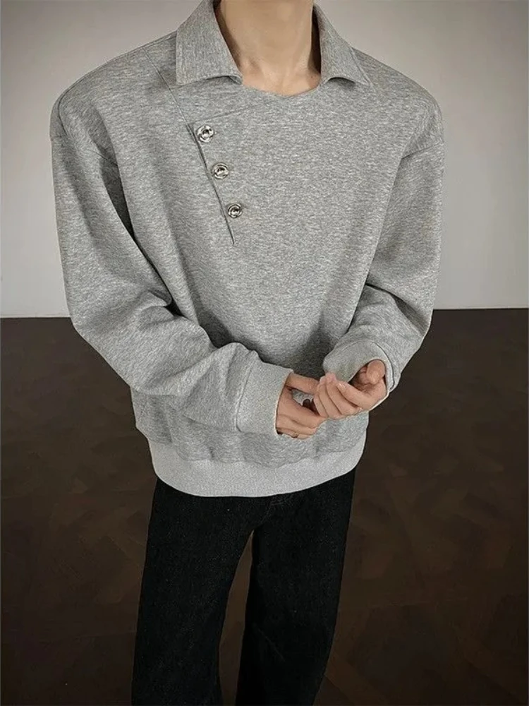 

Мужская толстовка с асимметричным воротником на весну и осень, негабаритная уличная повседневная футболка с длинными рукавами и нерегулярными пуговицами, уличный топ