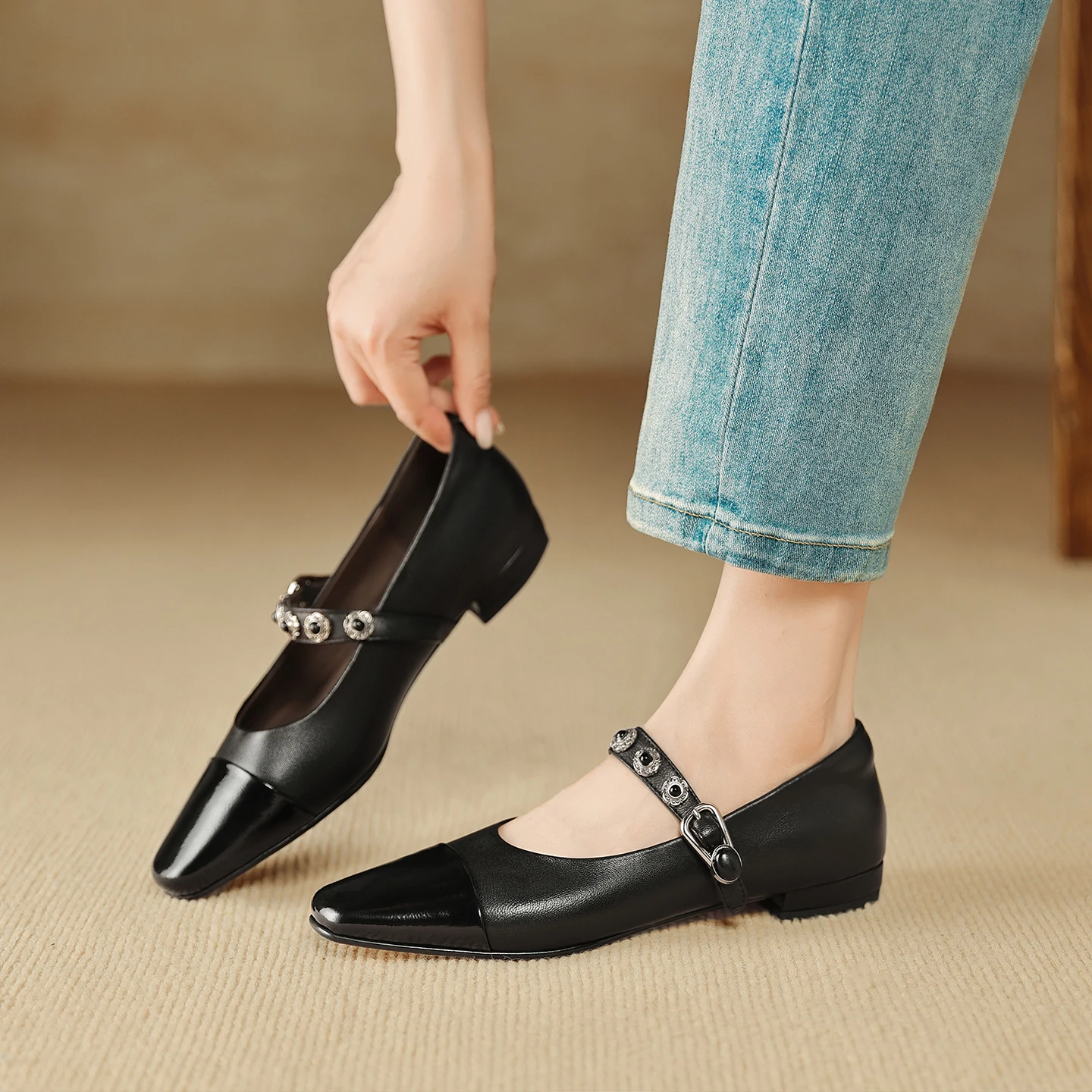 2026 new spring autumn women pumps natural leather 22-25cm soft sheepskin square toe buckle mary janes women shoes  fashion