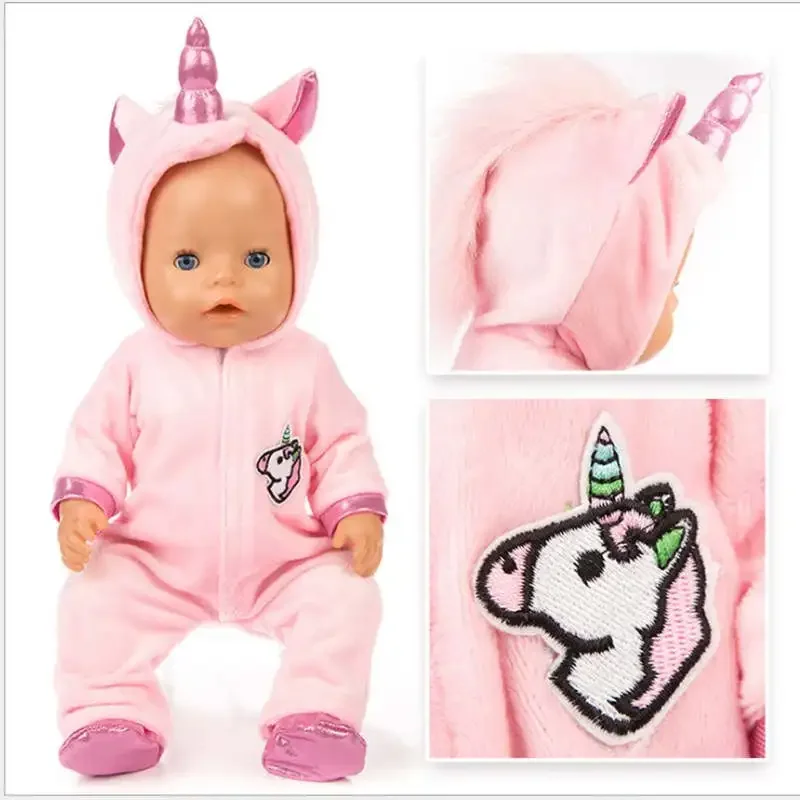 43cm Born New Baby Doll Clothes Pink Kitty Unicorn Pony Pajama Set 18 Inch Doll Clothes Baby Girl Birthday Gift