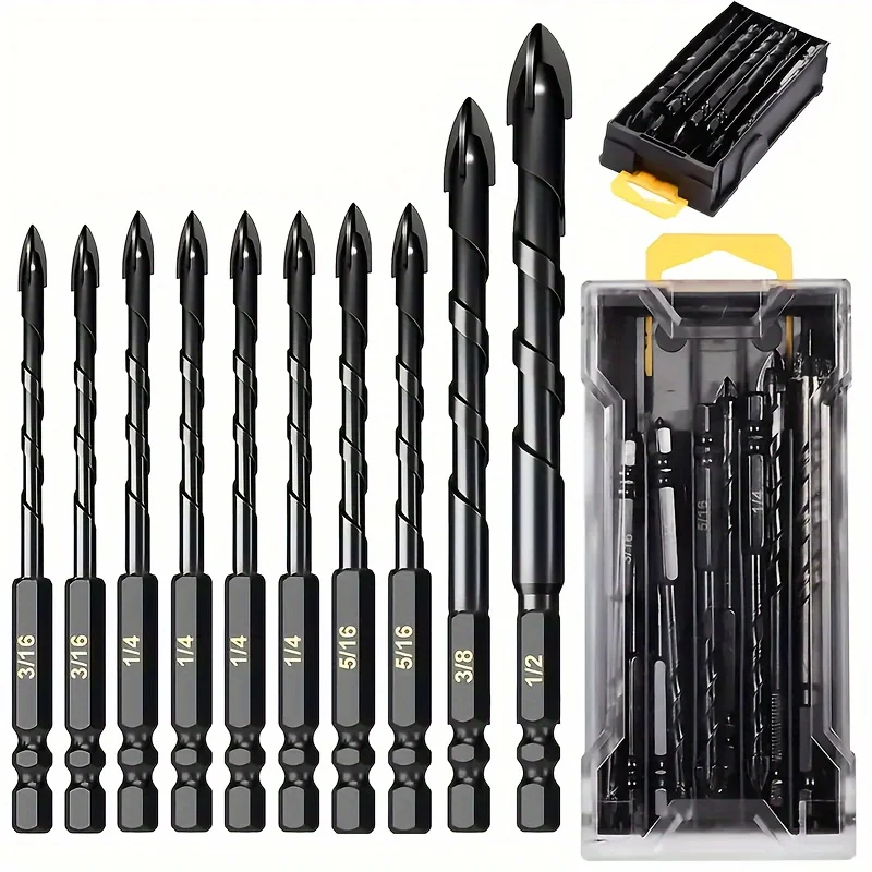 

10 Pieces of Concrete Drill Bit Kit, suitable for Glass Plastic Wood Brick Tungsten Carbide Drill Hard Alloy Cross Drill Bits