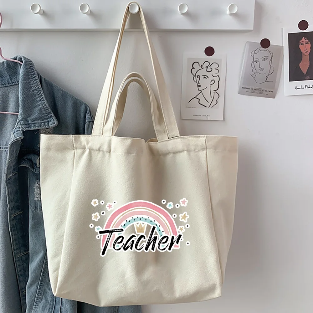 Women's Shopper Handbag Bags 2025 Canvas Harajuku Teacher Printed Shoulder Bags Reusable Casual Eco Grocery Tote Bags