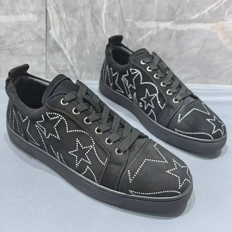 

Luxury Mens Black Shoes Fashion White Rhinestones Sneakers Men Casual Shoes Low-top Leisure Shoes For Men