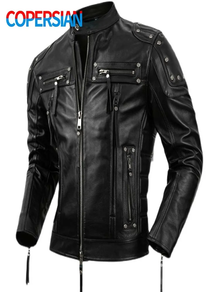 Top layer Cowhide Corium Leather Jacket Men's Fashion Motorcycle s Black Stand CollarZipperRivet