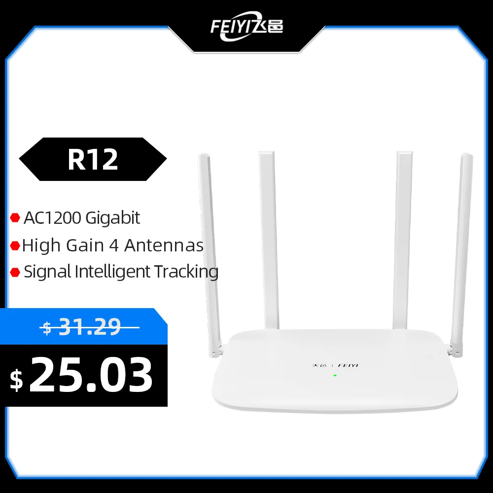 

FEIYI R12 Dual-Band 2.4G 5.0GHz 1167Mbps Wireless WiFi Router AC1200 Home Wireless Repeater With 4 High Gain Antennas Wider