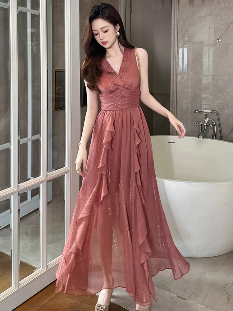 Abbigliamento da donna Vacanza Boho Vestito da festa Femminile Dolce Sheer Birght Seta Increspature Corsetto Pieghettato Abito lungo Vacanza Club Abiti