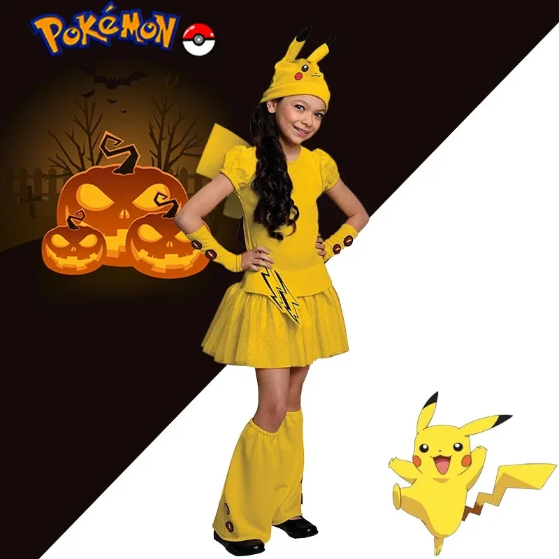 

4Pcs Pikachu Cosplay Costumes for Girls Halloween Performer Show Clothing for Children Role-playing Dresses Skirt Caps Set Gifts