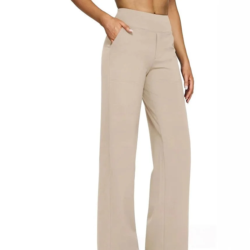 Casual High Waist Pants Loose Straight Leg Trousers Knit Pockets Women Spring Summer