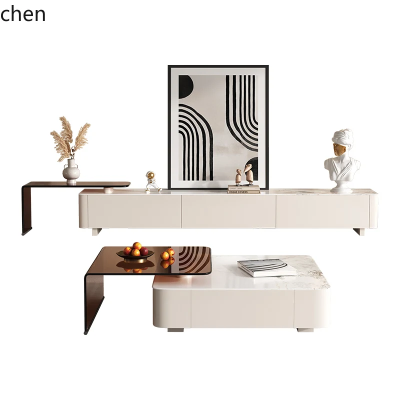 

ZWS. Rock slab coffee table TV cabinet combination modern simple small apartment living room retractable cabinet