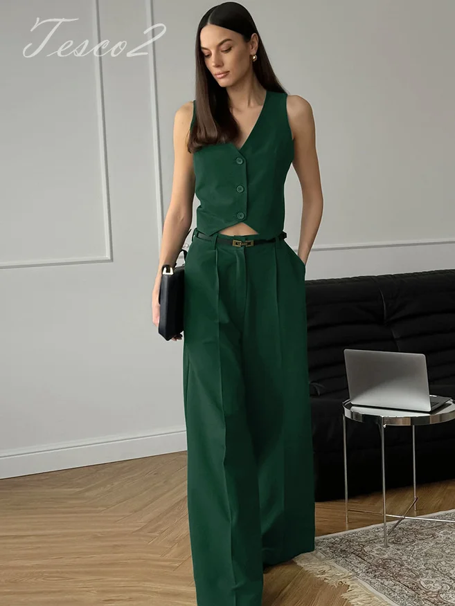 Tesco Vintage Dark Green Sleeveless Vest Wide Leg Pants 2 Piece Women\'s Office Lady Pants Sets Summer New In Matching Sets