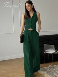 Tesco Vintage Dark Green Sleeveless Vest Wide Leg Pants 2 Piece Women's Office Lady Pants Sets Summer New In Matching Sets