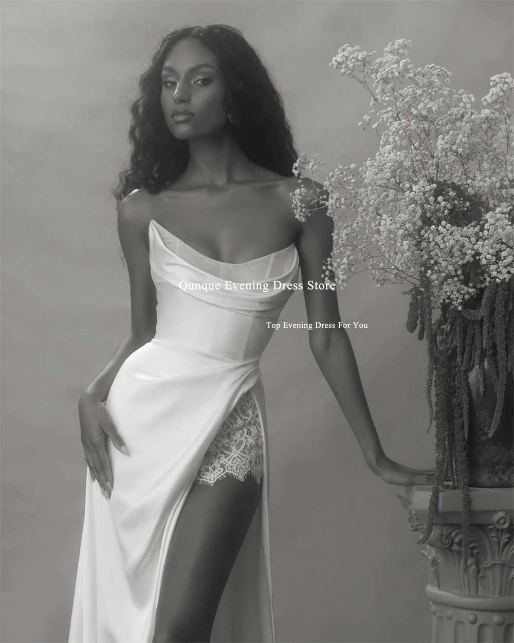 Qunque Mermaid Wedding Gowns Women Sleeveless Satin Long Customized Vestidos De Novia Sexy High Slit Lace Corset Back Bride Gown