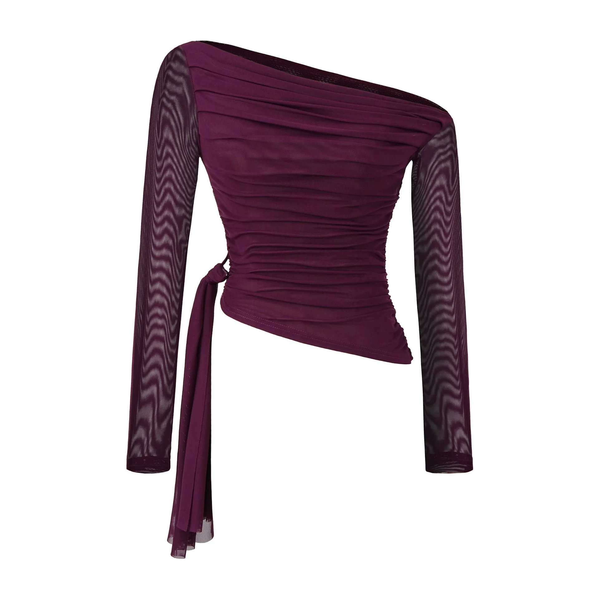 Spicy Girl Sexy Off-Shoulder Ruched Long Sleeved Top 2025 Autumn New High Waist Tie Base T-Shirt Solid Color Transparent 50QQ