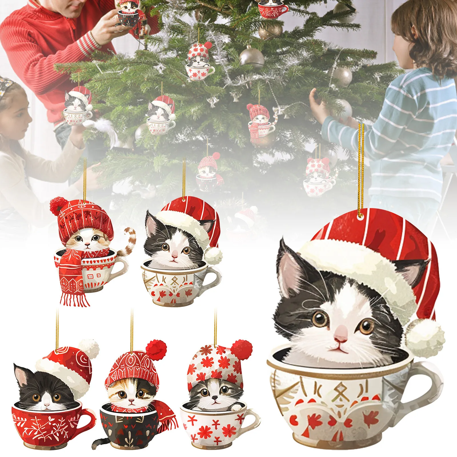 Christmas Cute Decorations Christmas Tree K Itten Pendant Retro Acrylic Flat Pendant Tea Cup Cat New Year Cat Ornament Memorial